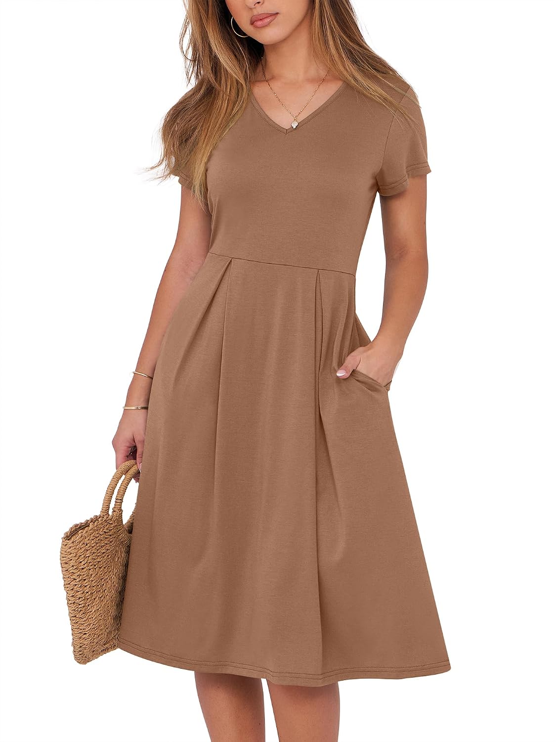 ANRABESS Women Summer Casual Short Sleeve A Line Midi Dresses with Pocket | V Neck Knee Length Pleated Flowy Slim Fit, Casual Business Office Work Teacher Wear, Church Funeral Wedding Guest Outfits