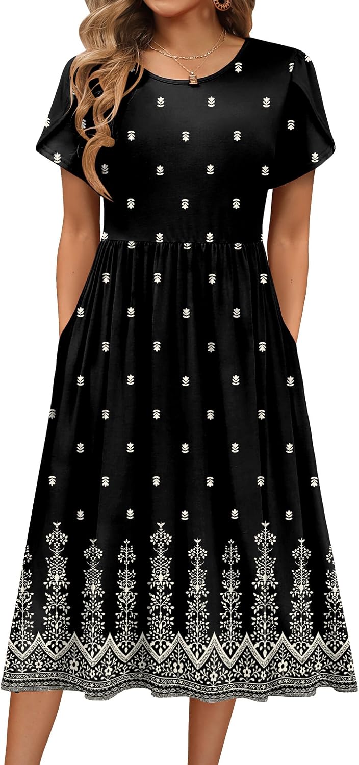 HOTOUCH Women's Summer A-Line Midi Dresses 2026 Casual Floral Short Sleeve T-Shirt Dress Flowy Beach Sundress with Pockets
