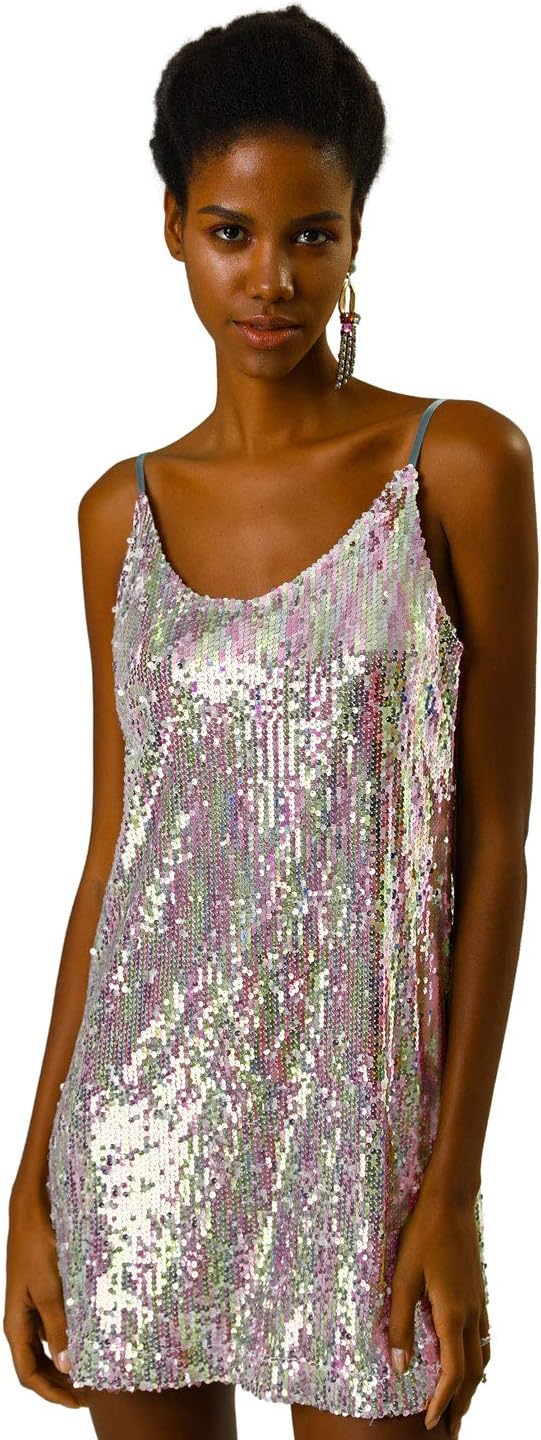 Allegra K Women's Glitter Sequin Dress Spaghetti Strap V Neck Party Cocktail Sparkly Mini Dress Clubwear