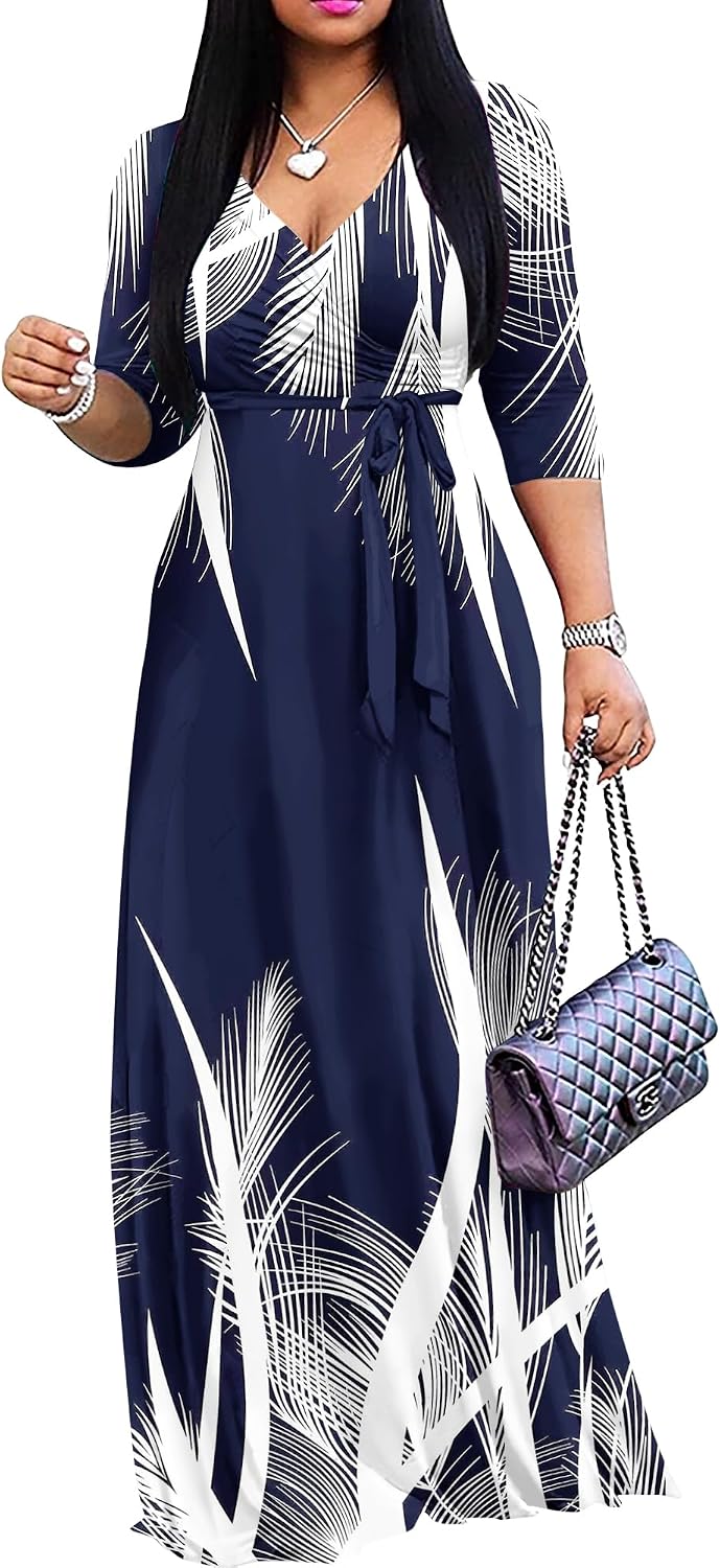 FANDEE Plus Size Maxi Dress for Women - Summer Long Dresses Casual | Women's Curvy Fit Long Dress, Semi\u2011Formal Print Fitted Wrap Dress with Pockets & Belt, 3\/4-Sleeve V-Neck