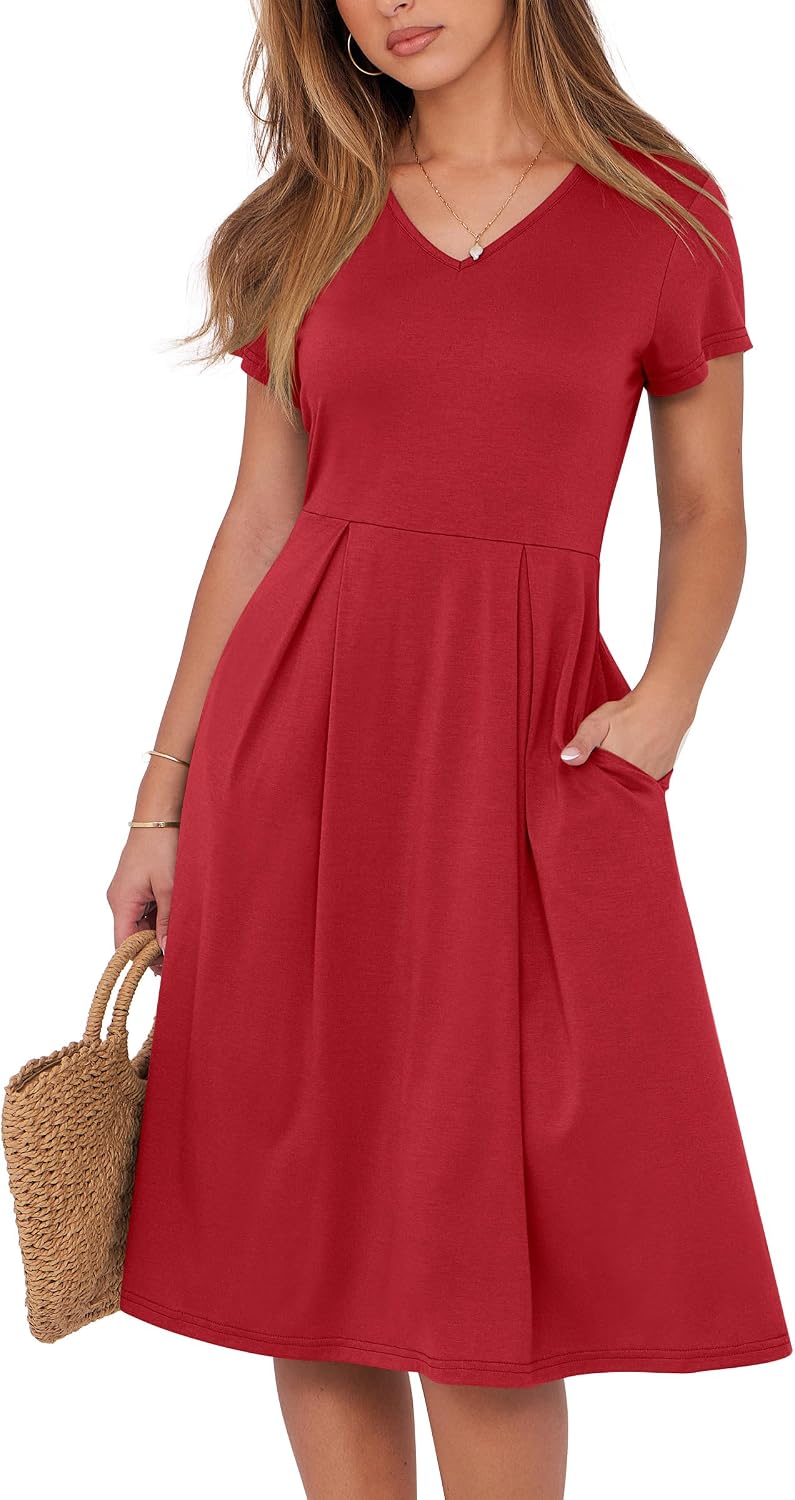 ANRABESS Women Summer Casual Short Sleeve A Line Midi Dresses with Pocket | V Neck Knee Length Pleated Flowy Slim Fit, Casual Business Office Work Teacher Wear, Church Funeral Wedding Guest Outfits