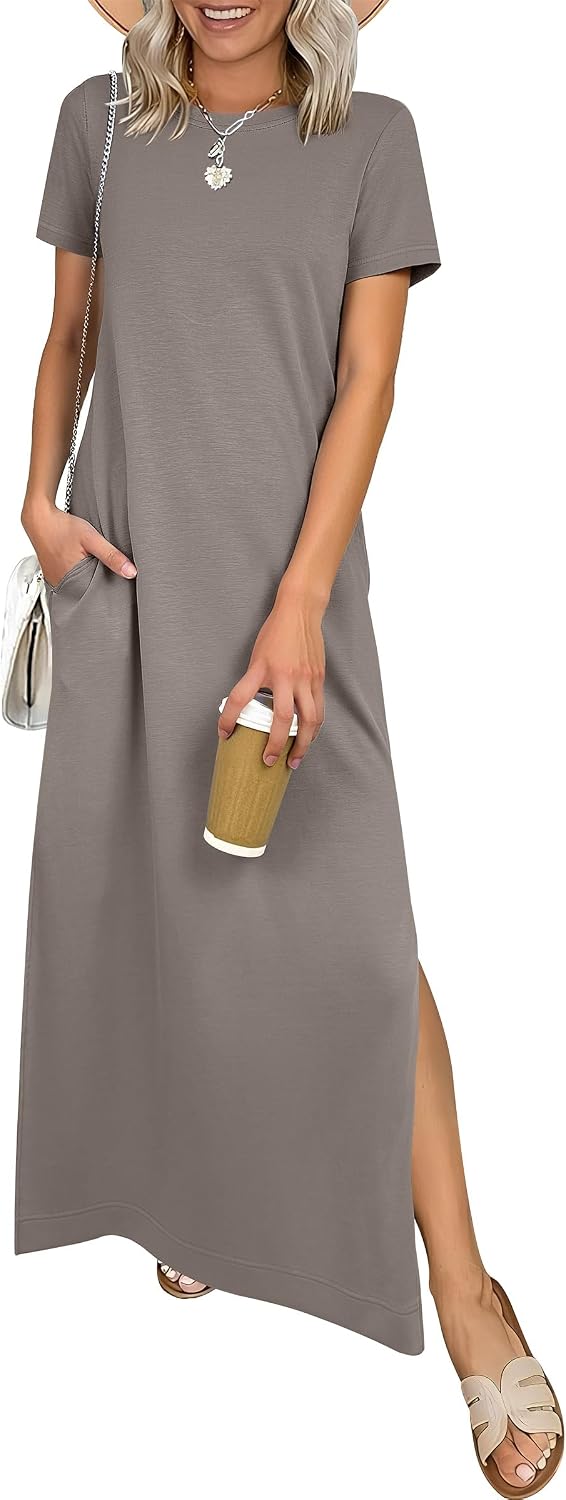 ANRABESS Womens Summer Maxi Dresses Wrinkle Free with Pockets | Air Layer Fabric, Short Sleeve Casual Travel Beach Vacation Long Dress, Crewneck Split, Comfort Work All-Day Wear Sundress