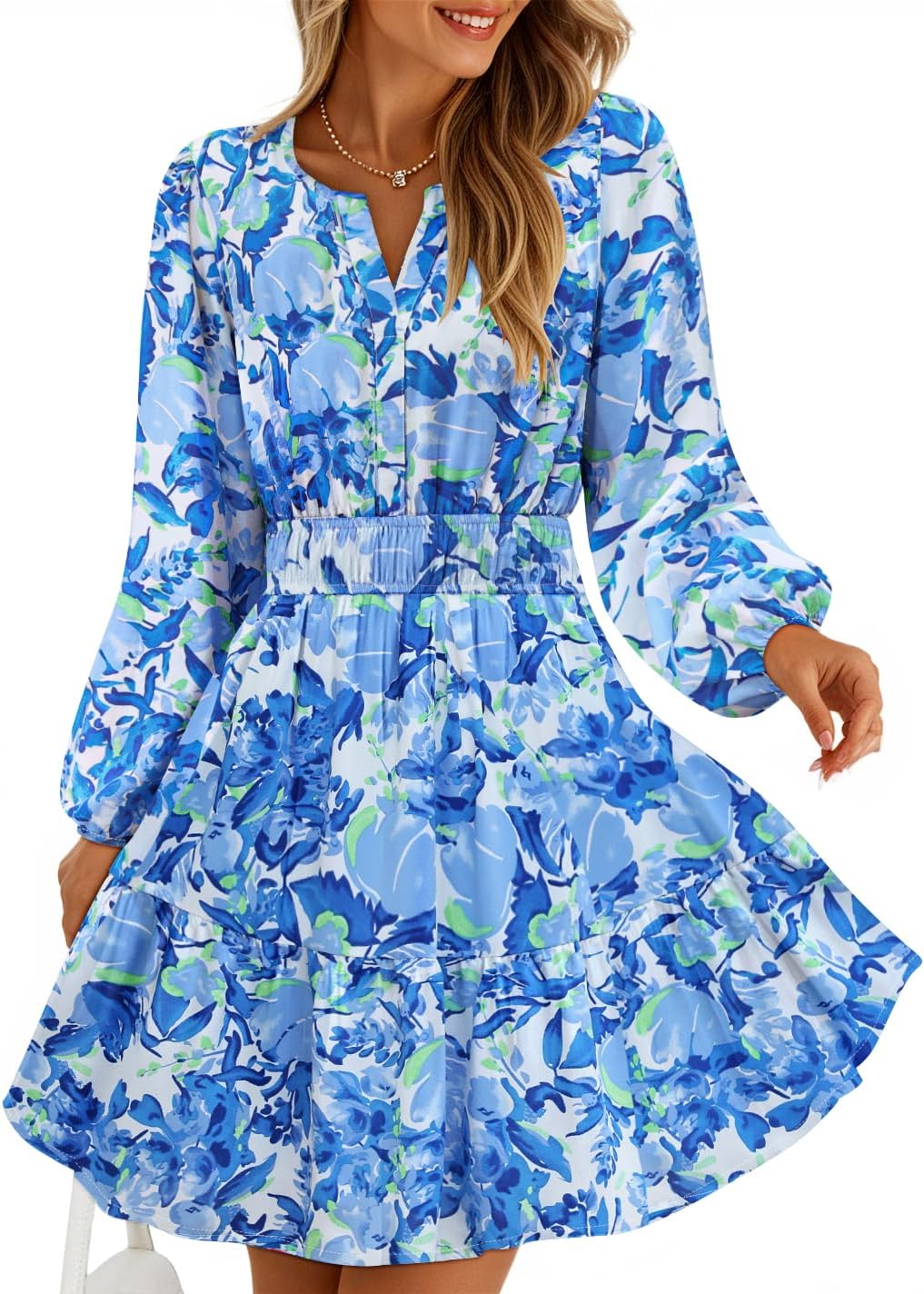 ZESICA Womens Fall Floral Long Sleeve Wedding Guest Mini Dresses | With Pockets, V Neck, A-Line, Ruched Waist, Double Lined, Flowy Short Dress, Going Out Outfits