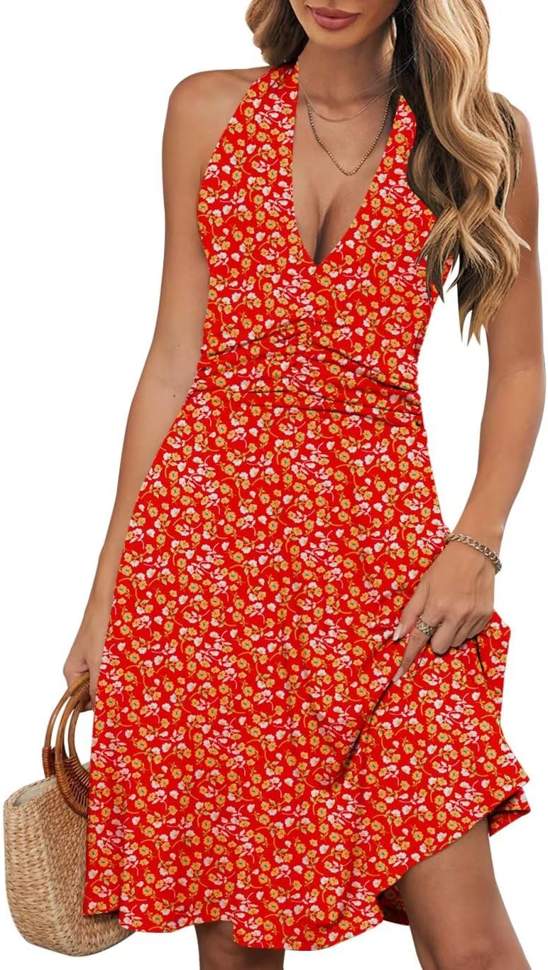 Wkior Womens Summer Halter Neck Sundress with Pocket | Sleeveless Backless Dress, Waist Ruched, Floral Boho Style, Beach Vacation Travel Outfit, Daily Casual Clothes