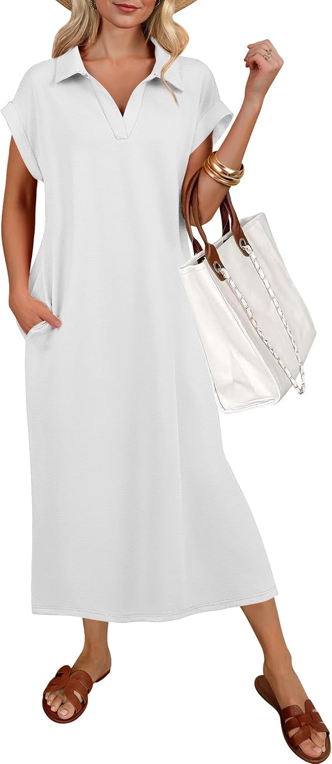 ANRABESS Womens Summer Casual Polo V Neck Dresses | Short Sleeve Split Tshirt Maxi Dress with Pockets, Soft Wrinkle-Free Loose Fit, Beach Vacation Travel Outfit, Summer Clothes
