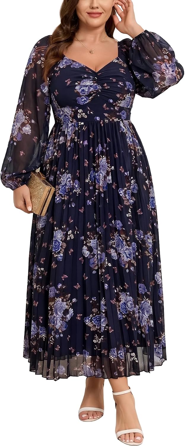 SHESTARR Women's Plus Size Maxi Dress for Wedding Guest Cocktail | Elegant, Long Sleeve, Sweetheart Neckline, Chiffon, Pleated, Smocked, A-Line, Evening Party, Formal Dresses