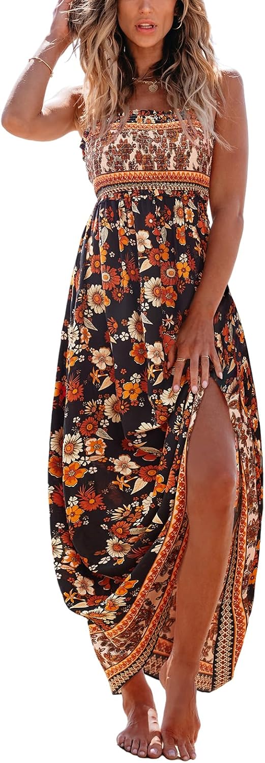 CUPSHE Women Maxi Summer Dress 2026 Floral Flowy Sundress | Spaghetti Straps Smocked Beachwear, Sleeveless, Empire Waist A Line Long Dresses, Boho Vacation Outfit, Fashion Clothes