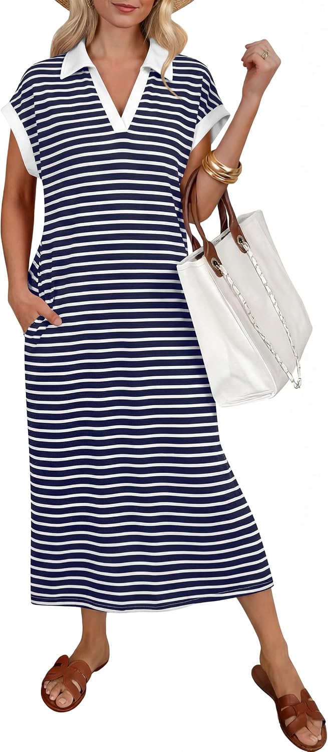 ANRABESS Womens Summer Casual Polo V Neck Dresses | Short Sleeve Split Tshirt Maxi Dress with Pockets, Soft Wrinkle-Free Loose Fit, Beach Vacation Travel Outfit, Summer Clothes