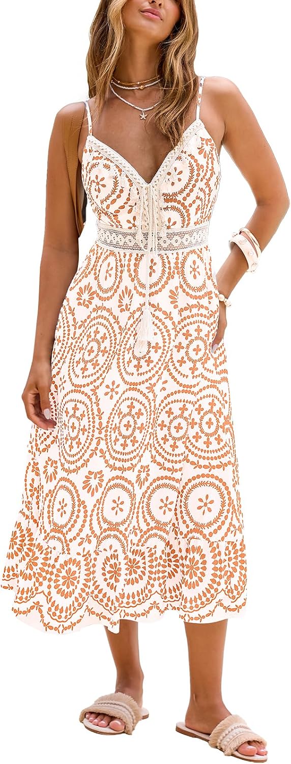 CUPSHE Women Summer Midi Dresses 2026 Boho Sleeveless Sundress | Sleeveless Spaghetti Straps Dress, Tassel, Crochet Lace Waist, Beach Vacation Resort Wear, Daily Casual, Spring, Travel Trip