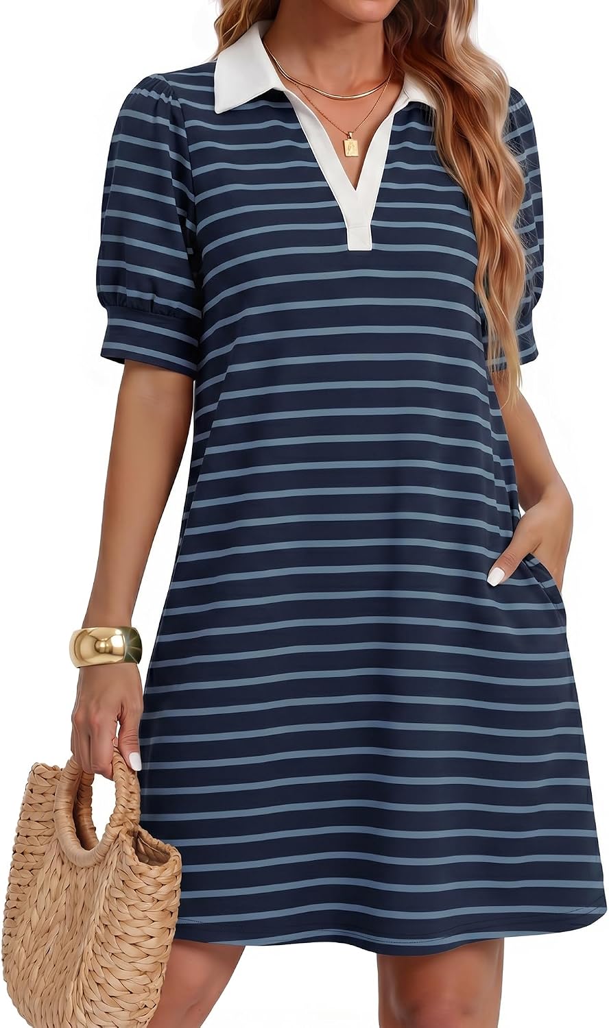 ZESICA Womens Summer Casual Striped T Shirt Mini Dress | Lapel V Neck, Short Sleeve, A-Line, Flowy Dress, Beach Vacation Dress
