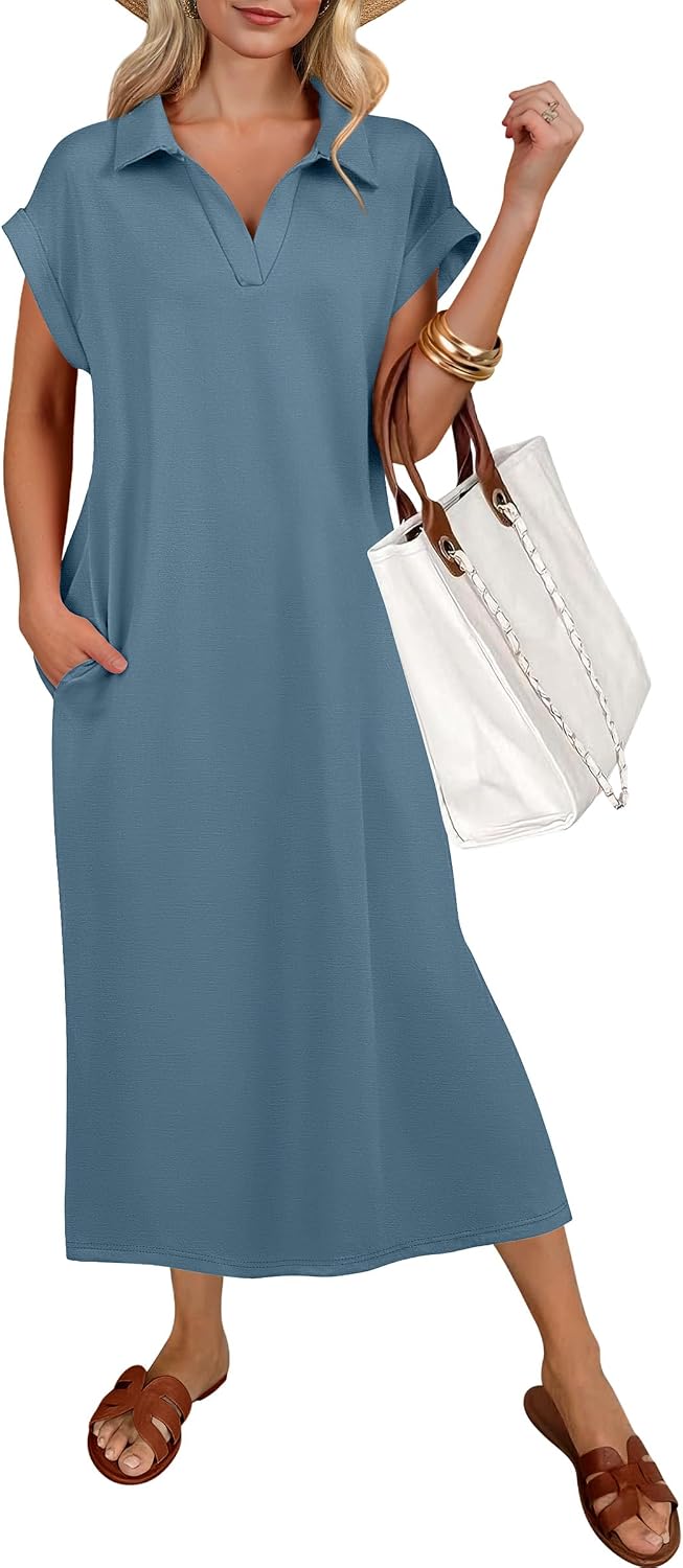 ANRABESS Womens Summer Casual Polo V Neck Dresses | Short Sleeve Split Tshirt Maxi Dress with Pockets, Soft Wrinkle-Free Loose Fit, Beach Vacation Travel Outfit, Summer Clothes