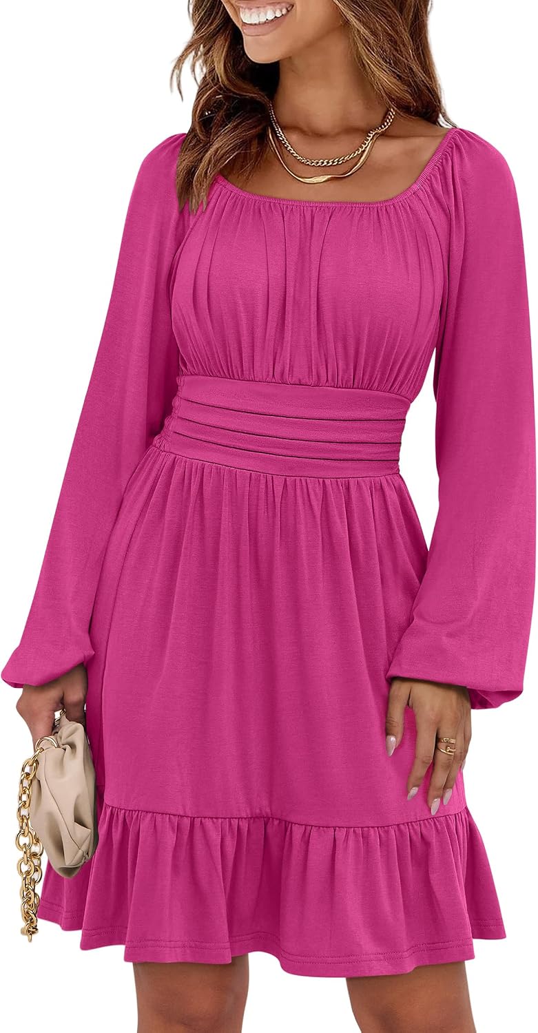 ANRABESS Women Long Lantern Sleeve Square Neck Fall Short Dress | Elastic Waist Belly Hide,Ruffle Flowy A-Line Mini Dress,Backless,Spring Summer Fashion Trendy,Cute Travel & Party Daily Wear