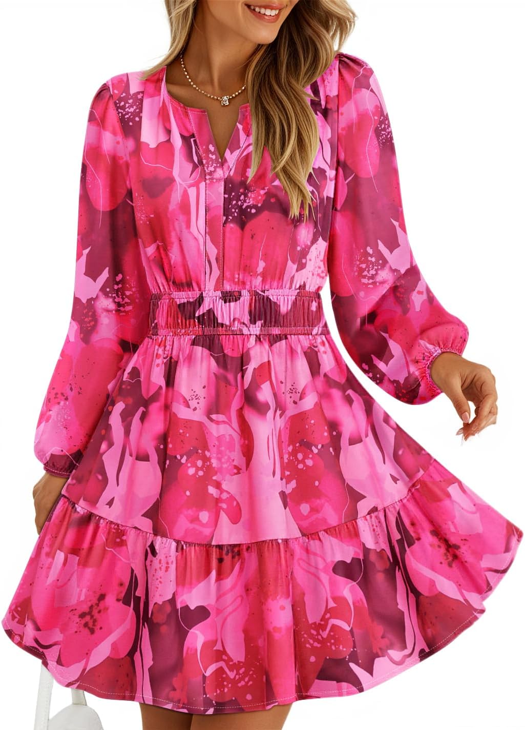 ZESICA Womens Fall Floral Long Sleeve Wedding Guest Mini Dresses | With Pockets, V Neck, A-Line, Ruched Waist, Double Lined, Flowy Short Dress, Going Out Outfits