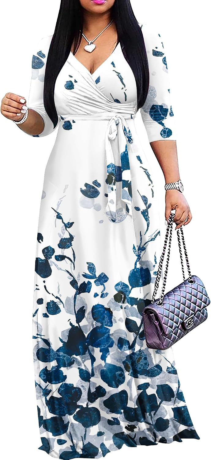 FANDEE Plus Size Maxi Dress for Women - Summer Long Dresses Casual | Women's Curvy Fit Long Dress, Semi\u2011Formal Print Fitted Wrap Dress with Pockets & Belt, 3\/4-Sleeve V-Neck