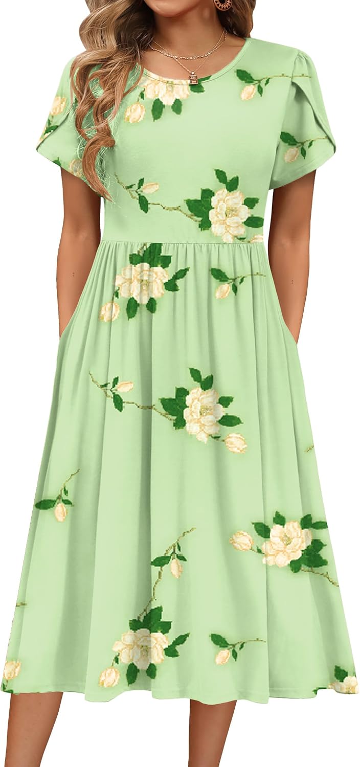 HOTOUCH Women's Summer A-Line Midi Dresses 2026 Casual Floral Short Sleeve T-Shirt Dress Flowy Beach Sundress with Pockets