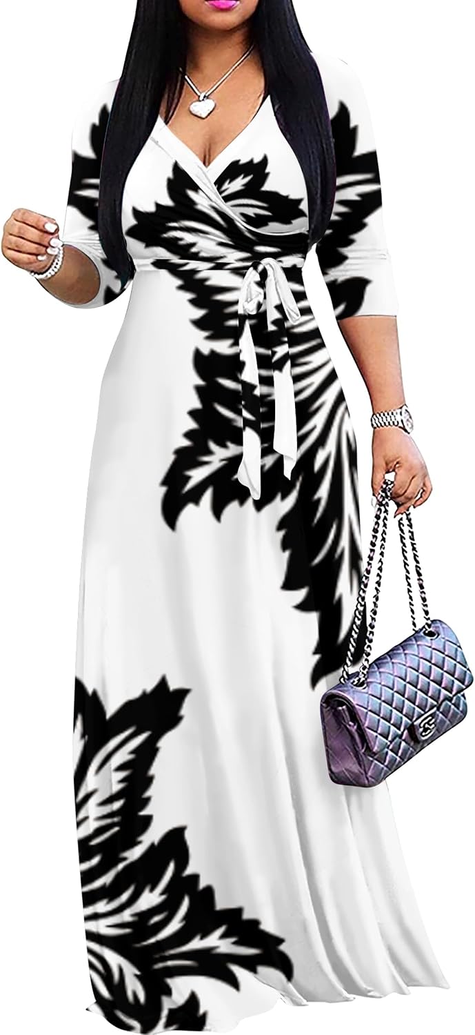 FANDEE Plus Size Maxi Dress for Women - Summer Long Dresses Casual | Women's Curvy Fit Long Dress, Semi\u2011Formal Print Fitted Wrap Dress with Pockets & Belt, 3\/4-Sleeve V-Neck