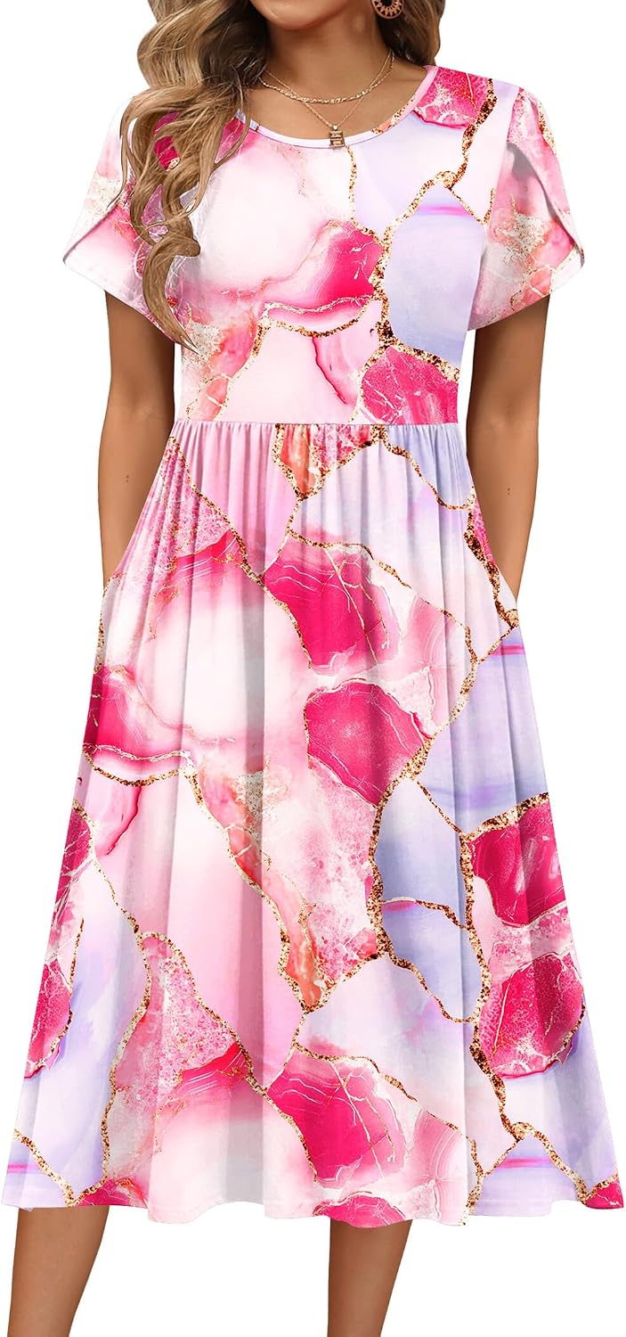 HOTOUCH Women's Summer A-Line Midi Dresses 2026 Casual Floral Short Sleeve T-Shirt Dress Flowy Beach Sundress with Pockets