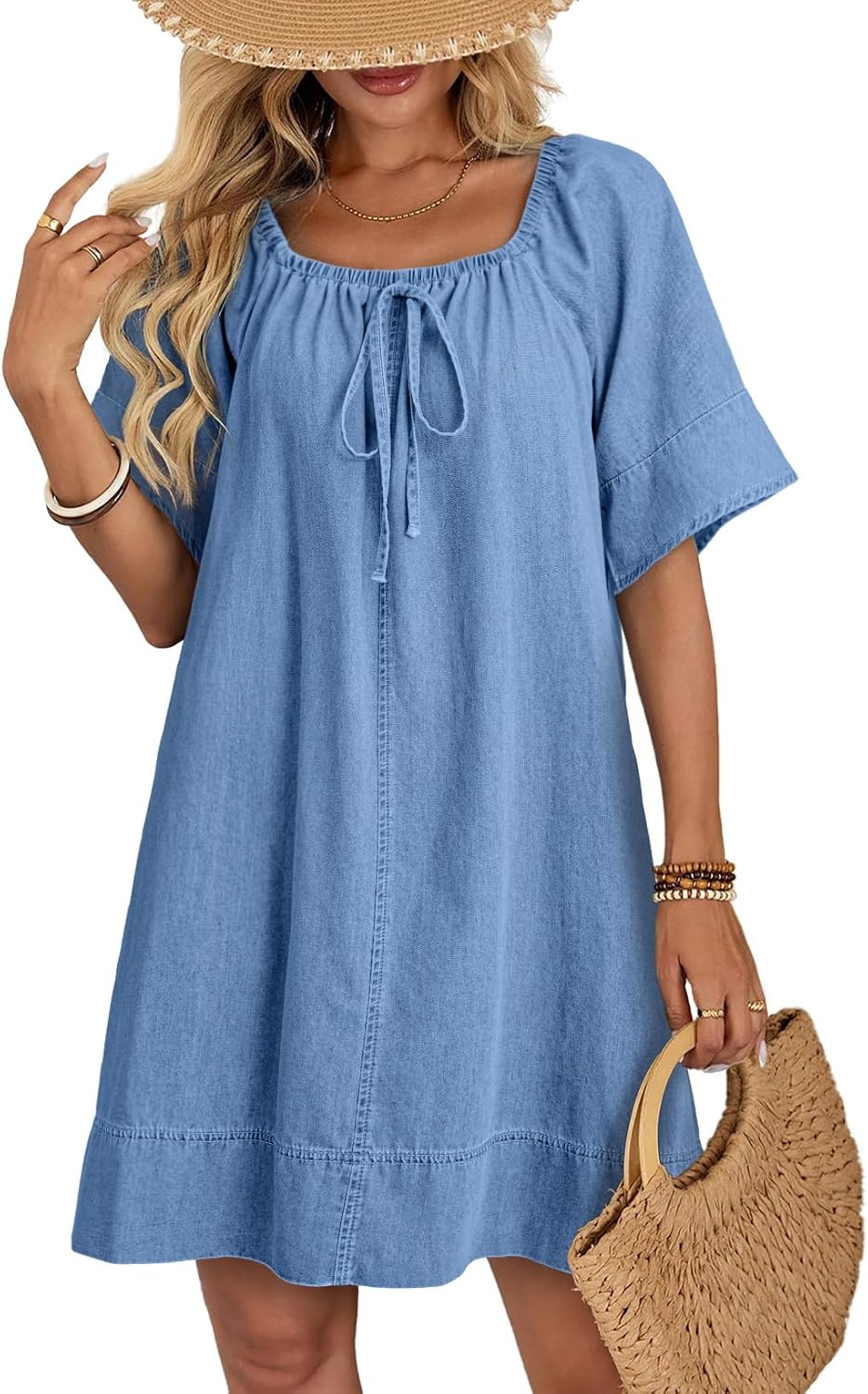 Dokotoo Women's Denim Dress Lightweight Flowy Tie Knot Cotton Jean Dress | Square Neck,Flare Sleeve,Babydoll Dress,Trendy,Casual,Elegant,A-Line,Summer Outfit,Loose,Mini Dress