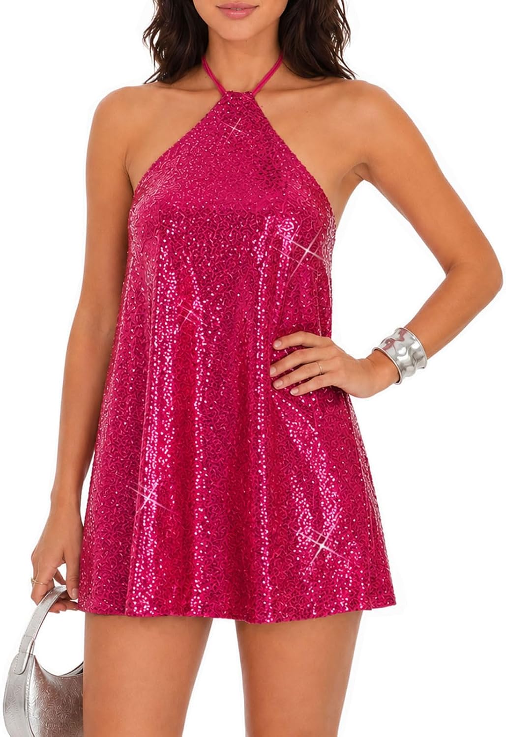hibshaby Women's Sequin Dress Halter Backless Party Cocktail Mini Dress | Soft lined sparkly fabric with tie straps for club nights, birthdays, concerts, and holiday looks