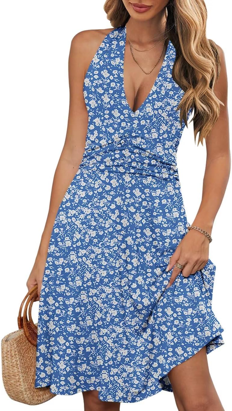 Wkior Womens Summer Halter Neck Sundress with Pocket | Sleeveless Backless Dress, Waist Ruched, Floral Boho Style, Beach Vacation Travel Outfit, Daily Casual Clothes