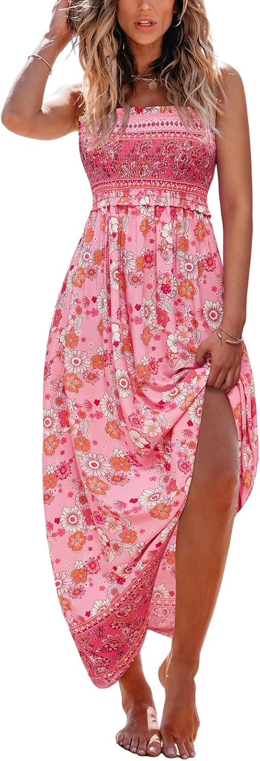 CUPSHE Women Maxi Summer Dress 2026 Floral Flowy Sundress | Spaghetti Straps Smocked Beachwear, Sleeveless, Empire Waist A Line Long Dresses, Boho Vacation Outfit, Fashion Clothes