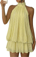 GORGLITTER Women's Halter Mini Dress Chiffon Wedding Guest Brunch Outfits | Ruffle Tiered, Open Back Backless, Cocktail Party Western Short Dress, Sexy Going Out Outfits