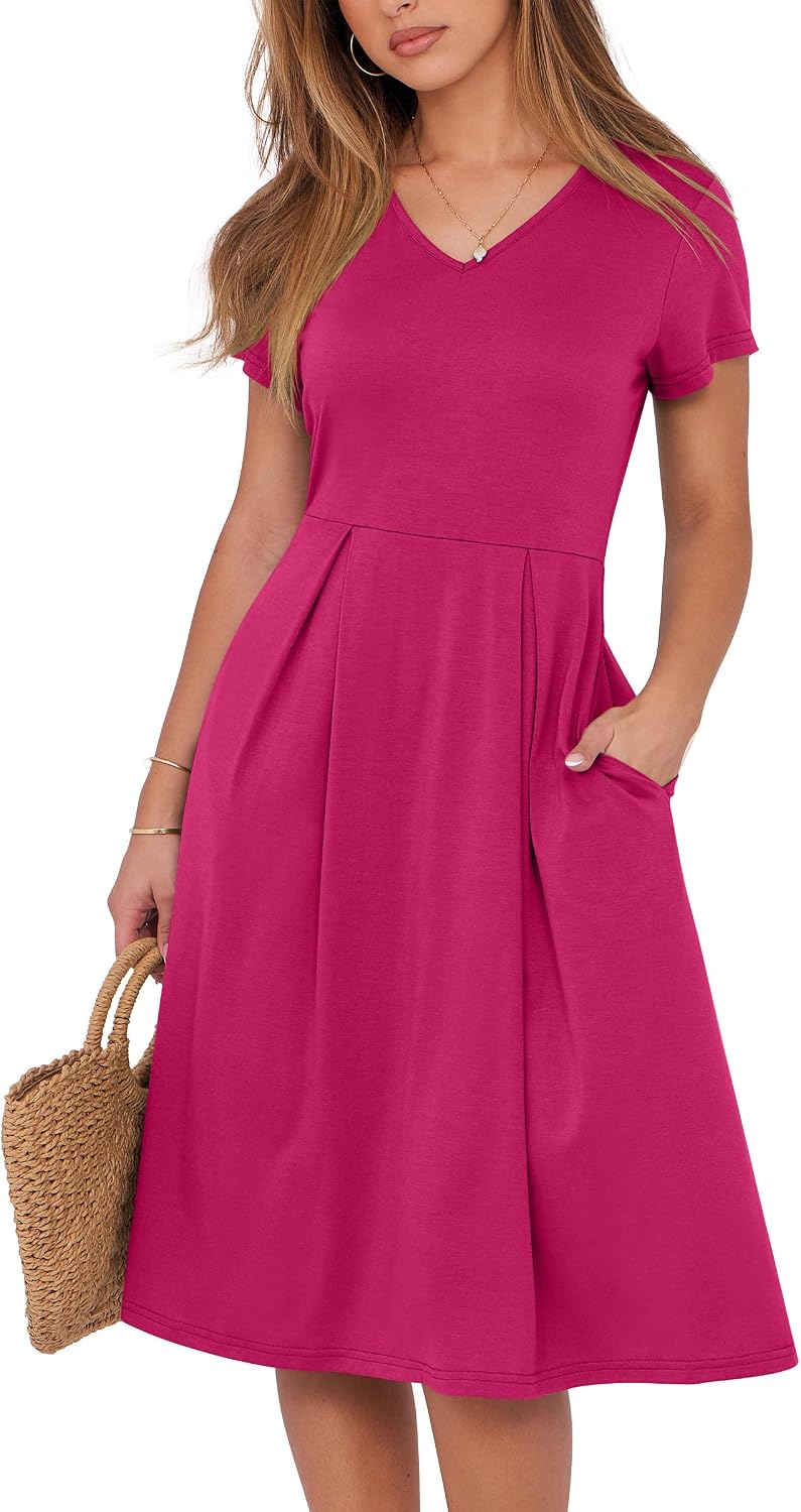 ANRABESS Women Summer Casual Short Sleeve A Line Midi Dresses with Pocket | V Neck Knee Length Pleated Flowy Slim Fit, Casual Business Office Work Teacher Wear, Church Funeral Wedding Guest Outfits