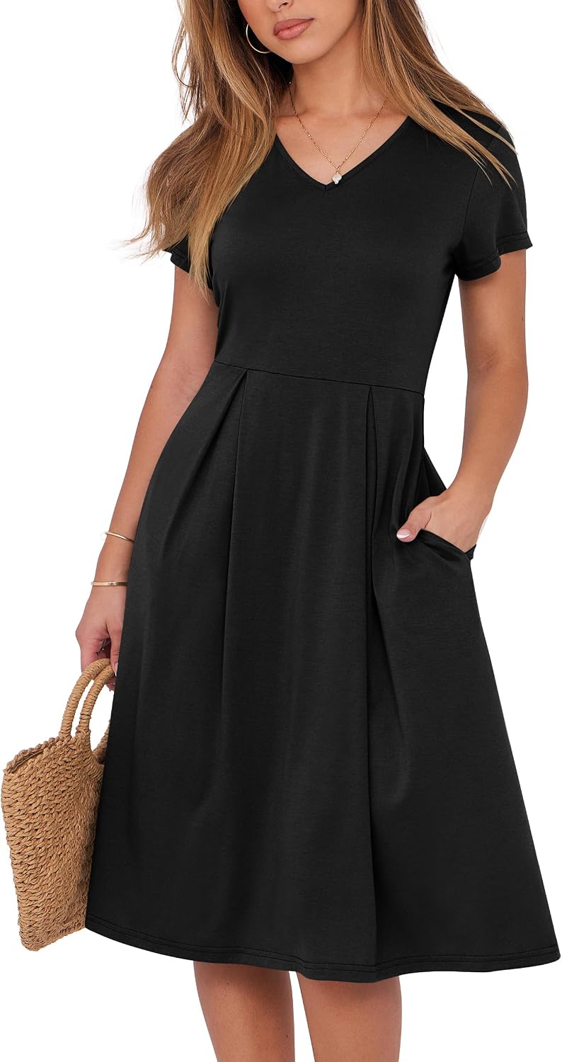 ANRABESS Women Summer Casual Short Sleeve A Line Midi Dresses with Pocket | V Neck Knee Length Pleated Flowy Slim Fit, Casual Business Office Work Teacher Wear, Church Funeral Wedding Guest Outfits