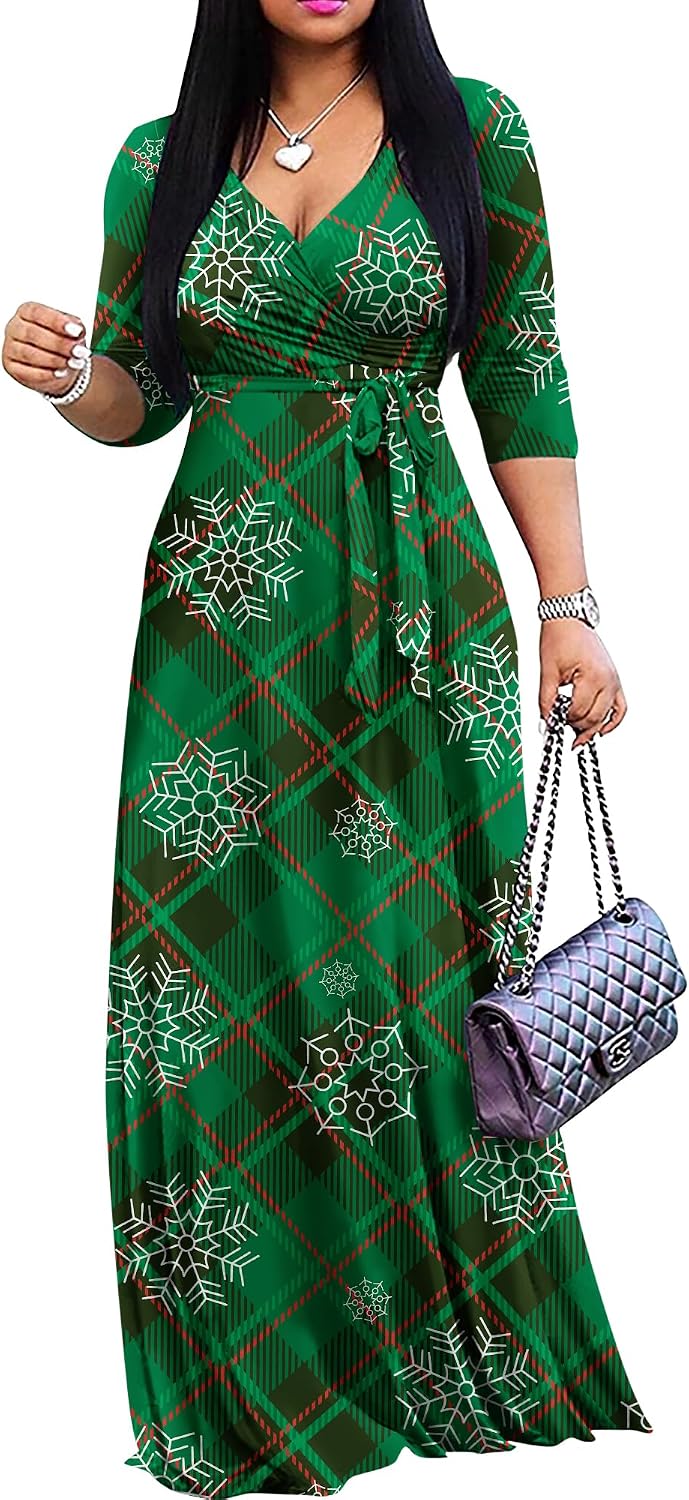 FANDEE Plus Size Maxi Dress for Women - Summer Long Dresses Casual | Women's Curvy Fit Long Dress, Semi\u2011Formal Print Fitted Wrap Dress with Pockets & Belt, 3\/4-Sleeve V-Neck