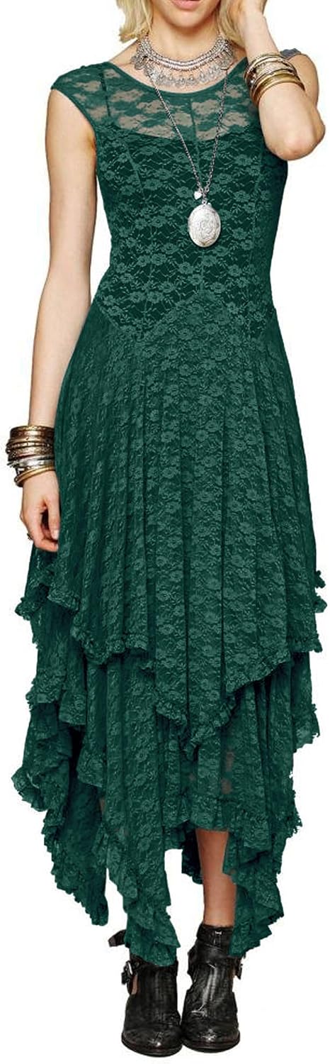 R.Vivimos Womens Lace Long Dress with Slip Two Pieces | Sleeveless, Backless, Asymmetrical Layered Hem, Beach, Vacation, Wedding, Cocktail, Party Outfits
