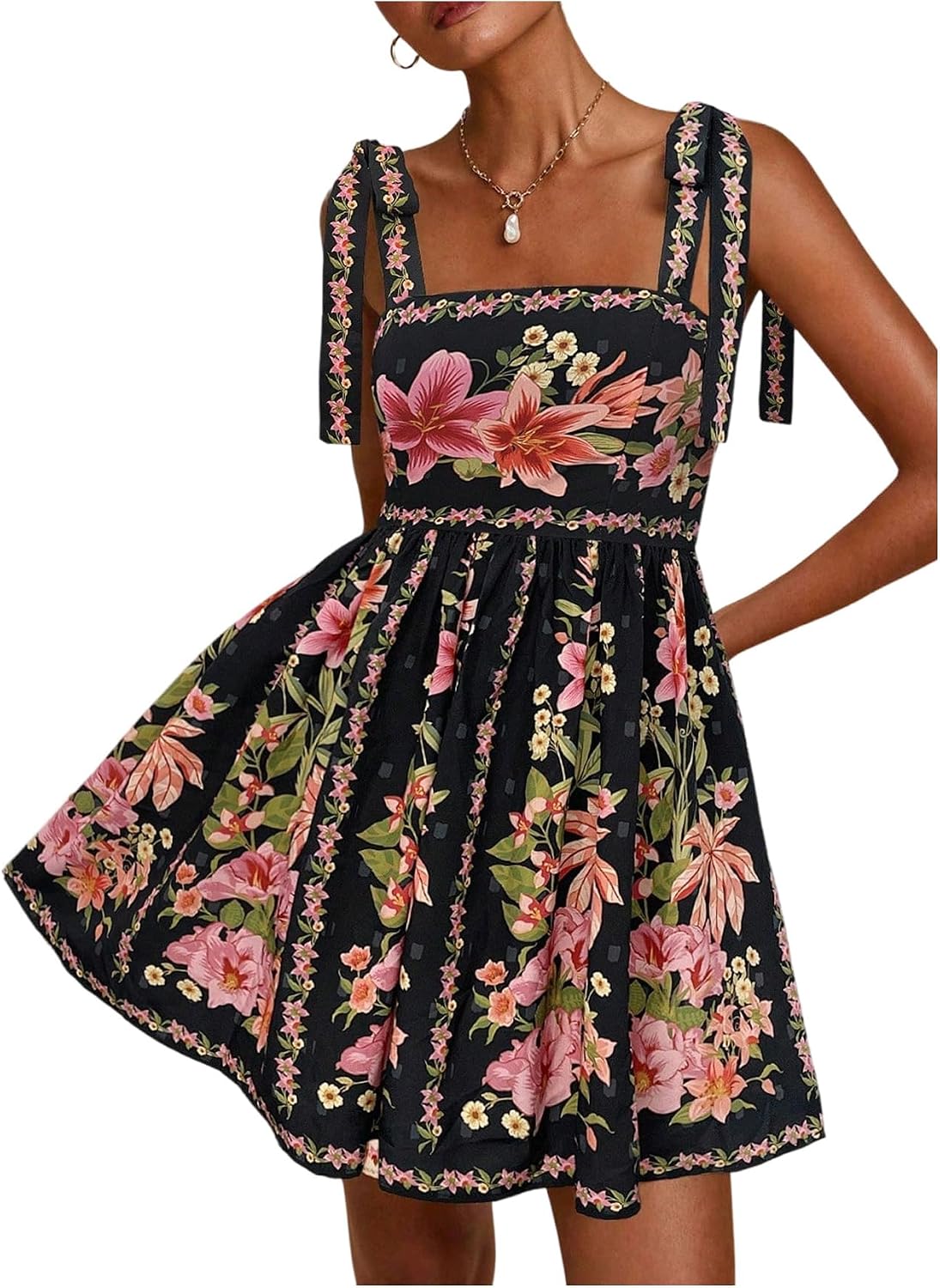 OYOANGLE Boho Dresses for Women Tropical Summer Dresses Mini Dress Sundress | Floral，Sleeveless，Tie Shoulder,Brunch Dress,Flowy Dress,Vacation Outfits，Hawaiian Dresses