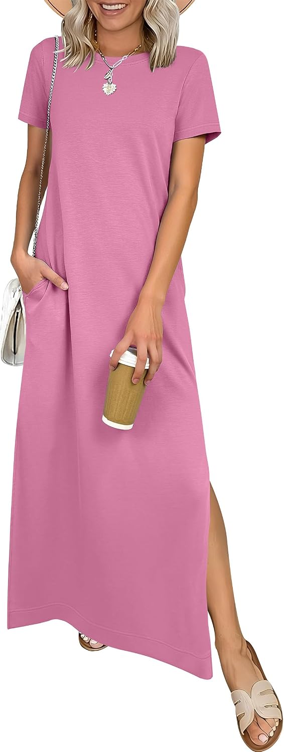 ANRABESS Womens Summer Maxi Dresses Wrinkle Free with Pockets | Air Layer Fabric, Short Sleeve Casual Travel Beach Vacation Long Dress, Crewneck Split, Comfort Work All-Day Wear Sundress