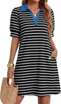 ZESICA Womens Summer Casual Striped T Shirt Mini Dress | Lapel V Neck, Short Sleeve, A-Line, Flowy Dress, Beach Vacation Dress