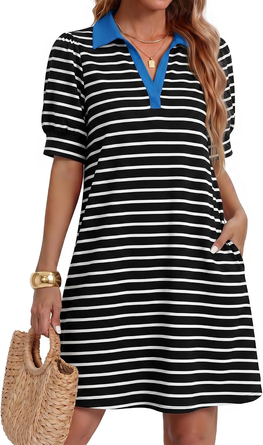 ZESICA Womens Summer Casual Striped T Shirt Mini Dress | Lapel V Neck, Short Sleeve, A-Line, Flowy Dress, Beach Vacation Dress