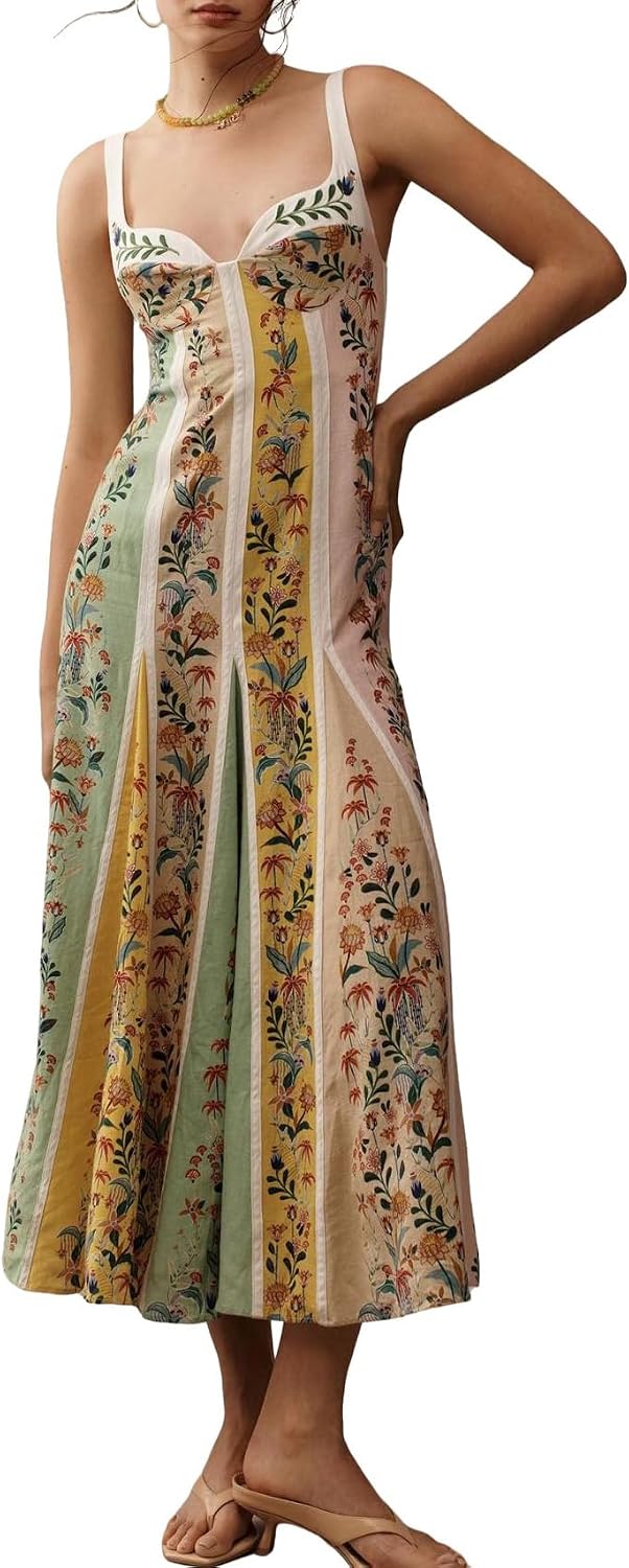 Weafmlia Women's Boho Print Dress Sleeveless Backless Halter High Waist A Line Vacation Beach Long Dress