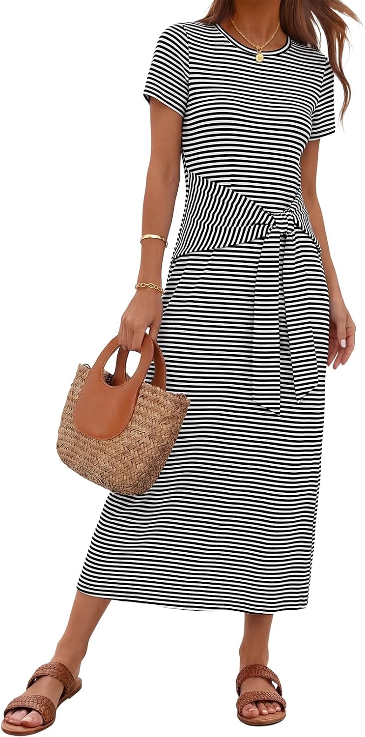 MEROKEETY Women's Summer T Shirt Casual Work Wrap Maxi Dresses | 2026 Fall, Tie Waist, Short Sleeve, Crew Neck, Business Casual, Beach Vacation, Slim Fit, High Waist, Elegant, Long Dress