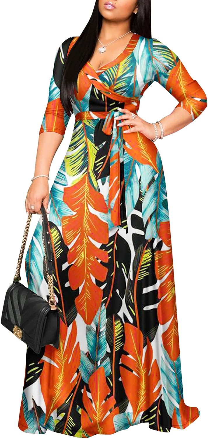 FANDEE Plus Size Maxi Dress for Women - Summer Long Dresses Casual | Women's Curvy Fit Long Dress, Semi\u2011Formal Print Fitted Wrap Dress with Pockets & Belt, 3\/4-Sleeve V-Neck