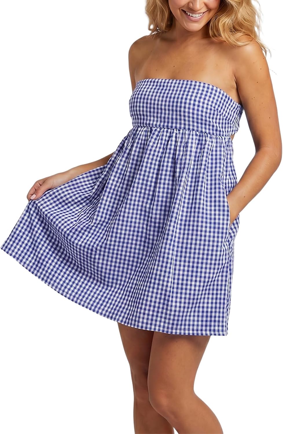 Women Strapless Gingham Tube Top Dress Summer Plaid Tie Back Mini Sundress | Backless Bandeau Dress, Ruffle Trim Flowy A-Line Short Dress, Gingham Babydooll Mini Dress with Pockets for Beach Vacation