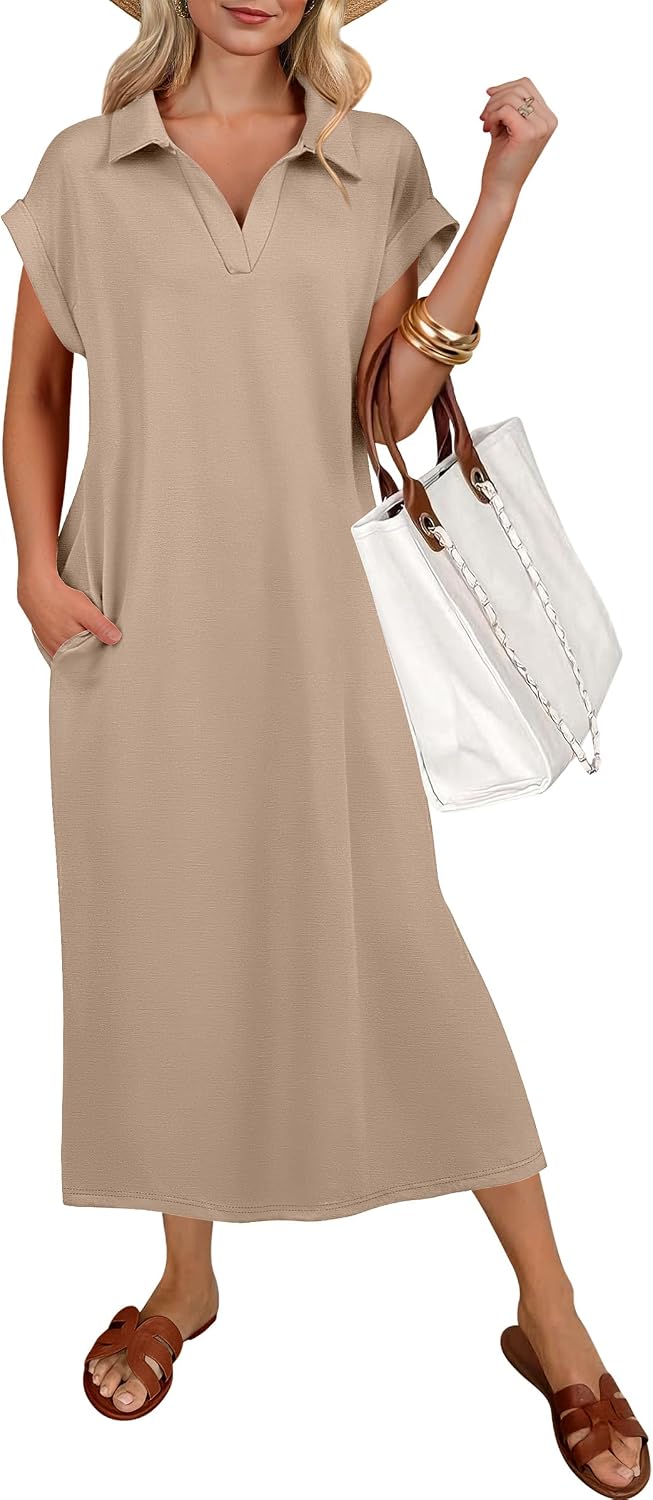 ANRABESS Womens Summer Casual Polo V Neck Dresses | Short Sleeve Split Tshirt Maxi Dress with Pockets, Soft Wrinkle-Free Loose Fit, Beach Vacation Travel Outfit, Summer Clothes