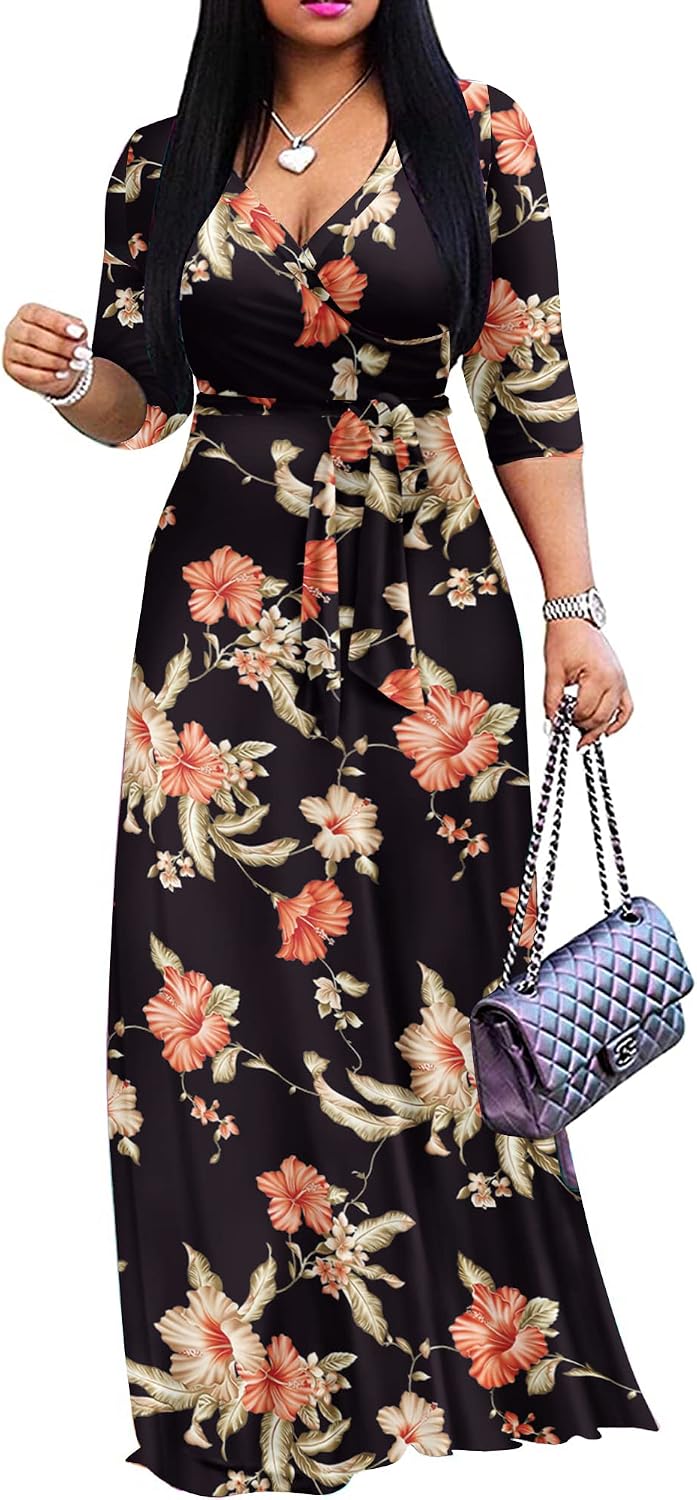 FANDEE Plus Size Maxi Dress for Women - Summer Long Dresses Casual | Women's Curvy Fit Long Dress, Semi\u2011Formal Print Fitted Wrap Dress with Pockets & Belt, 3\/4-Sleeve V-Neck