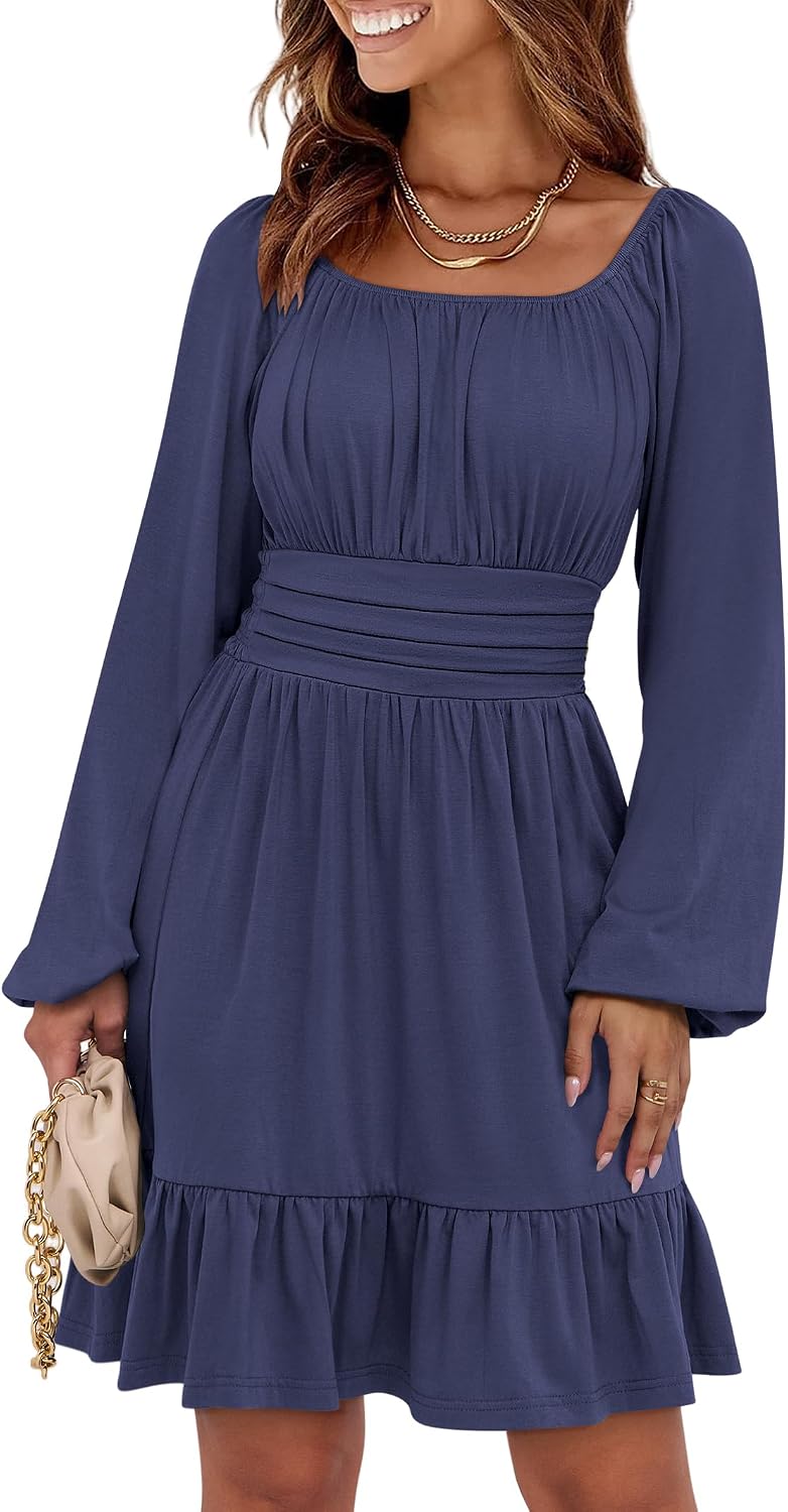 ANRABESS Women Long Lantern Sleeve Square Neck Fall Short Dress | Elastic Waist Belly Hide,Ruffle Flowy A-Line Mini Dress,Backless,Spring Summer Fashion Trendy,Cute Travel & Party Daily Wear