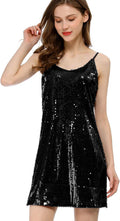 Allegra K Women's Glitter Sequin Dress Spaghetti Strap V Neck Party Cocktail Sparkly Mini Dress Clubwear