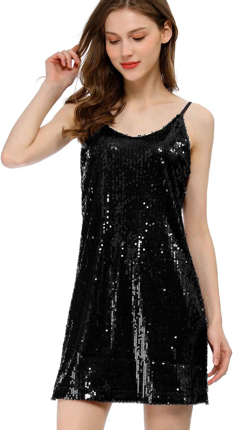 Allegra K Women's Glitter Sequin Dress Spaghetti Strap V Neck Party Cocktail Sparkly Mini Dress Clubwear