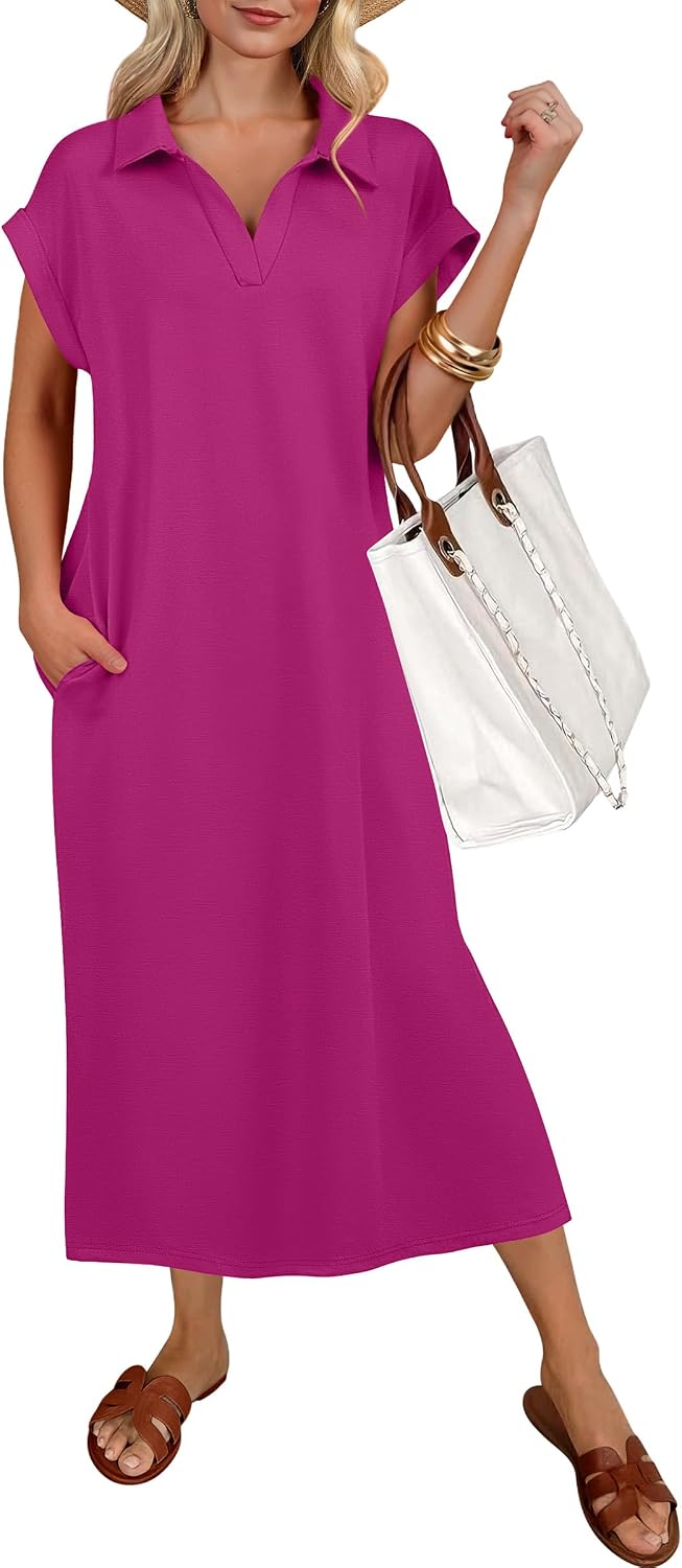 ANRABESS Womens Summer Casual Polo V Neck Dresses | Short Sleeve Split Tshirt Maxi Dress with Pockets, Soft Wrinkle-Free Loose Fit, Beach Vacation Travel Outfit, Summer Clothes