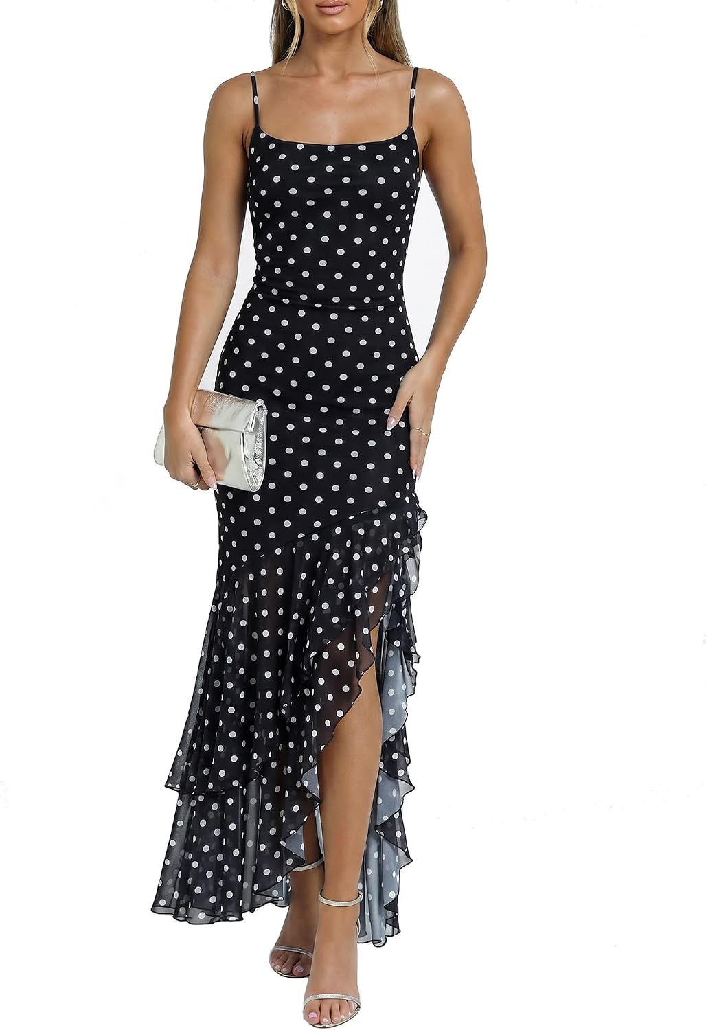 Kaximil Women's Elegant Ruffle Formal Wedding Guest Maxi Dress | Sexy Spaghetti Strap Ruched Bodycon Ruffle Mermaid Cocktail Party Dresses