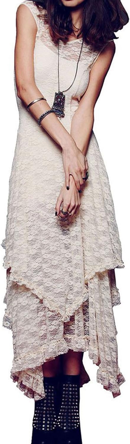 R.Vivimos Womens Lace Long Dress with Slip Two Pieces | Sleeveless, Backless, Asymmetrical Layered Hem, Beach, Vacation, Wedding, Cocktail, Party Outfits