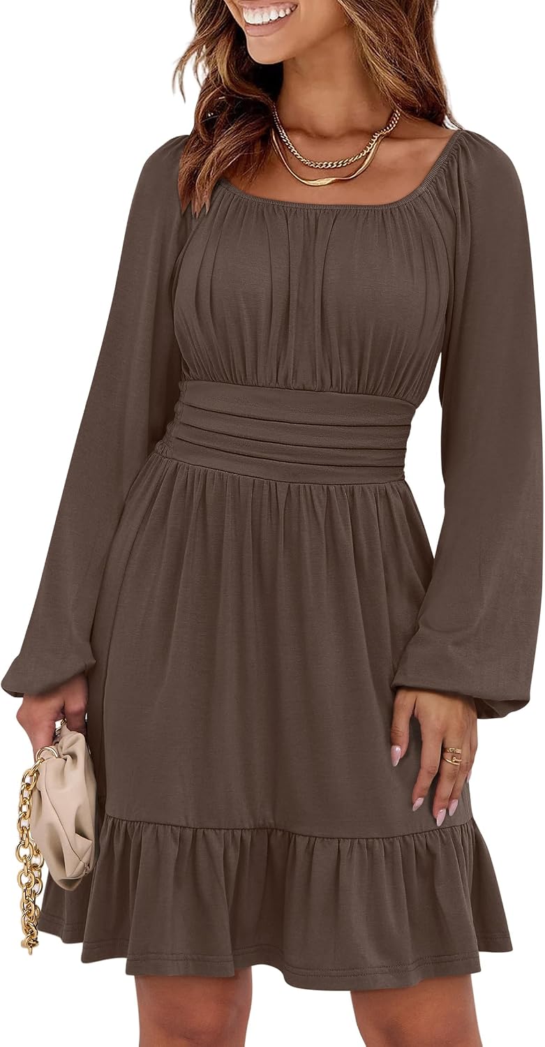 ANRABESS Women Long Lantern Sleeve Square Neck Fall Short Dress | Elastic Waist Belly Hide,Ruffle Flowy A-Line Mini Dress,Backless,Spring Summer Fashion Trendy,Cute Travel & Party Daily Wear