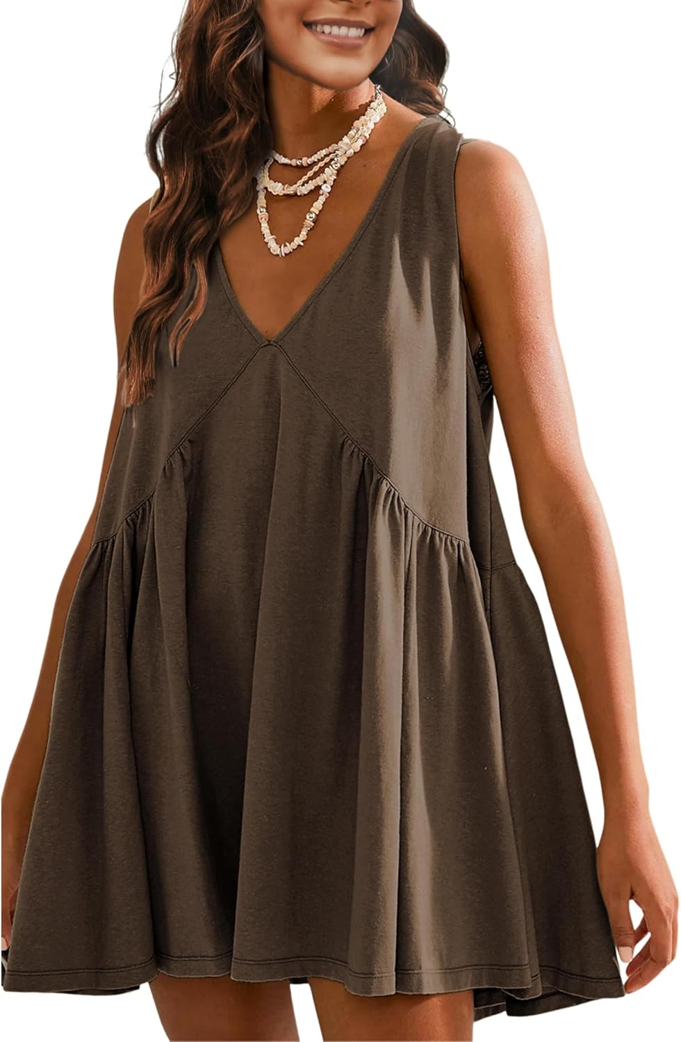 OPCAKM Women's V Neck Sleeveless Mini Dress Pleated Sundress | Soft Cotton Babydoll Summer Dresses,Flowy Swing Loose Fit for Casual Daily Wear,Party and Outdoor Activities