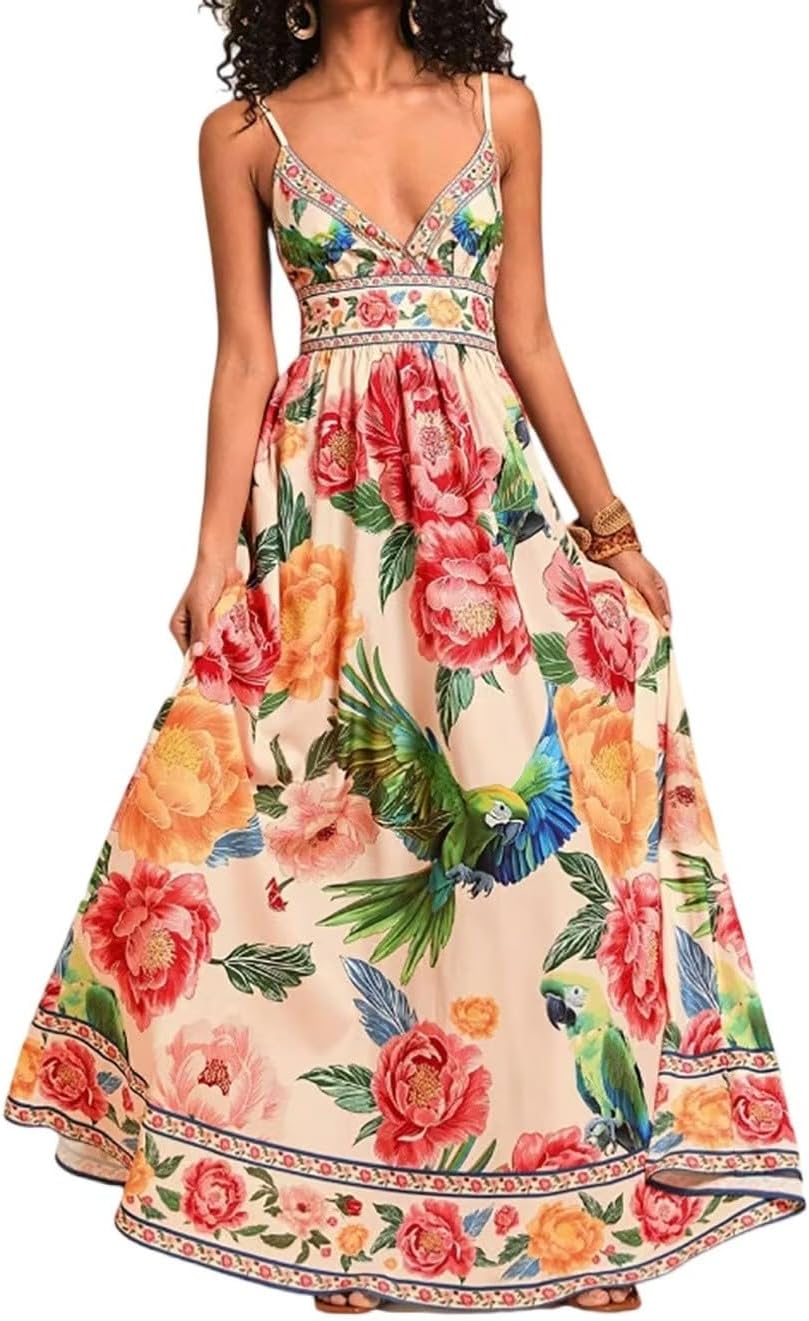 Weafmlia Women's Boho Print Dress Sleeveless Backless Halter High Waist A Line Vacation Beach Long Dress