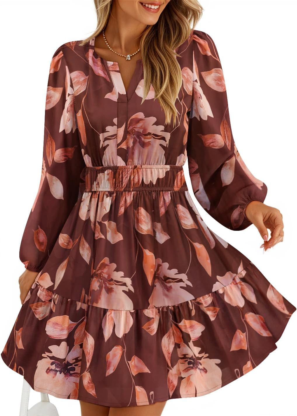 ZESICA Womens Fall Floral Long Sleeve Wedding Guest Mini Dresses | With Pockets, V Neck, A-Line, Ruched Waist, Double Lined, Flowy Short Dress, Going Out Outfits